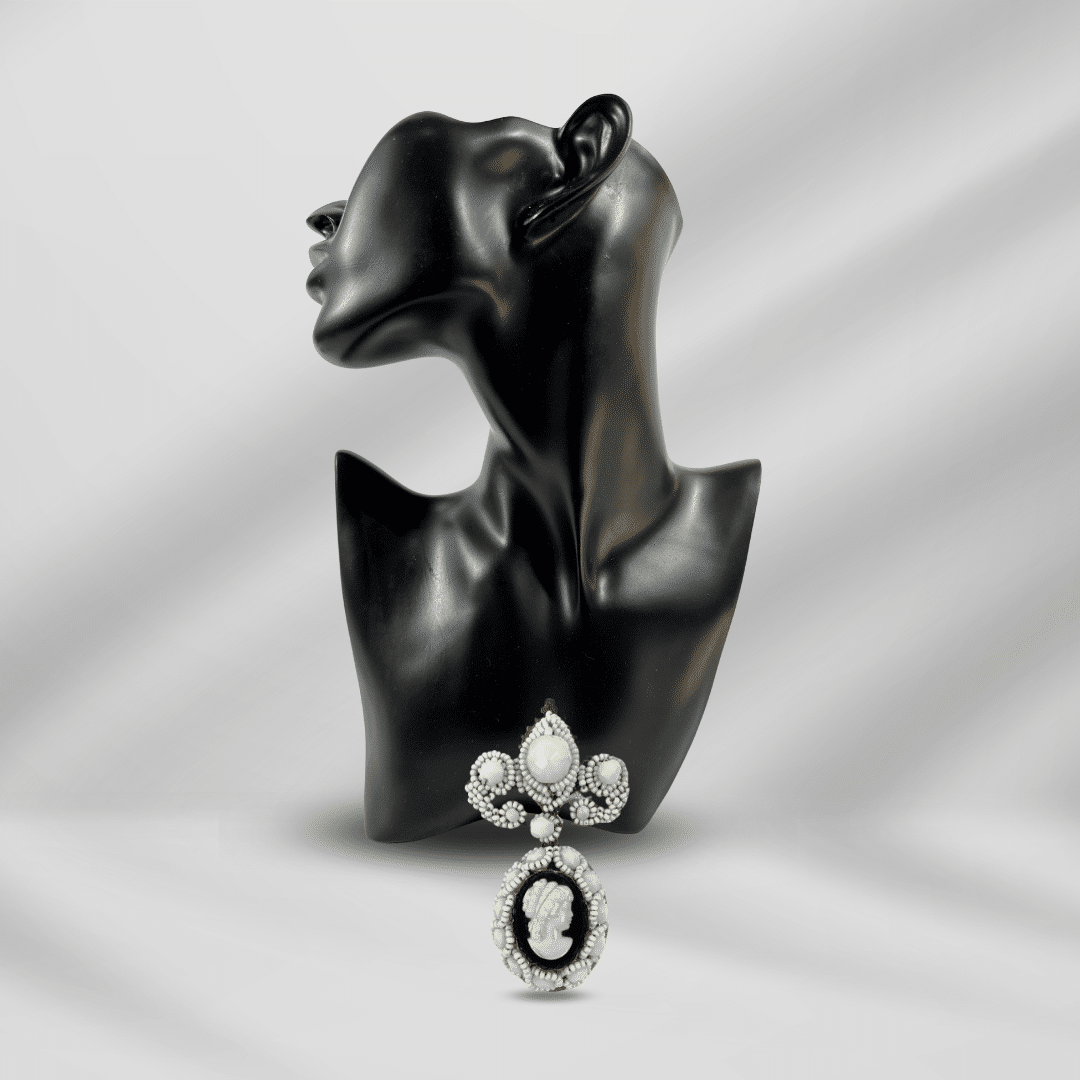 Signed Haskell Large Delicate Black and White Glass Vintage Locket Brooch - On Mannequin