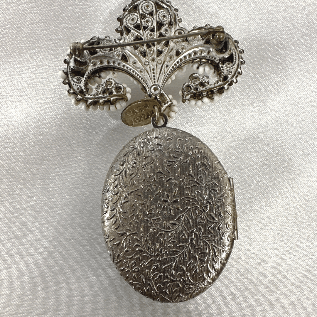 Signed Haskell Large Delicate Black and White Glass Vintage Locket Brooch - Pin Detail