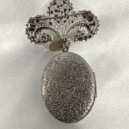 Signed Haskell Large Delicate Black and White Glass Vintage Locket Brooch - Pin Detail
