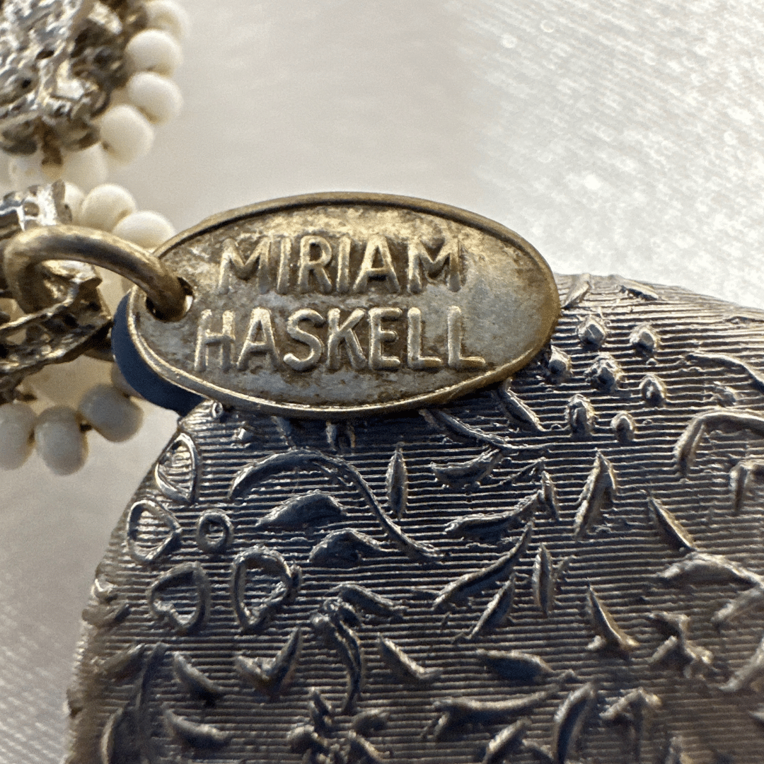 Signed Haskell Large Delicate Black and White Glass Vintage Locket Brooch - Signature Detail