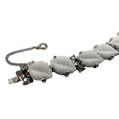 Signed Jomaz Antique White Glass and Rhinestone Brooch and Bracelet Set - Clasp Detail