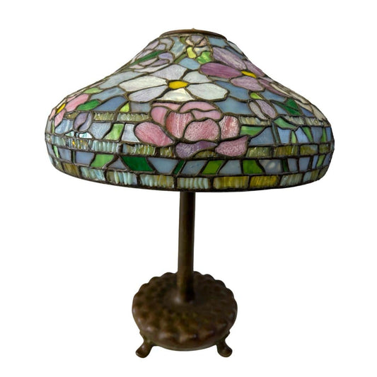 Signed Tiffany Studios Peony  Bronze & Art Glass Table Lamp 