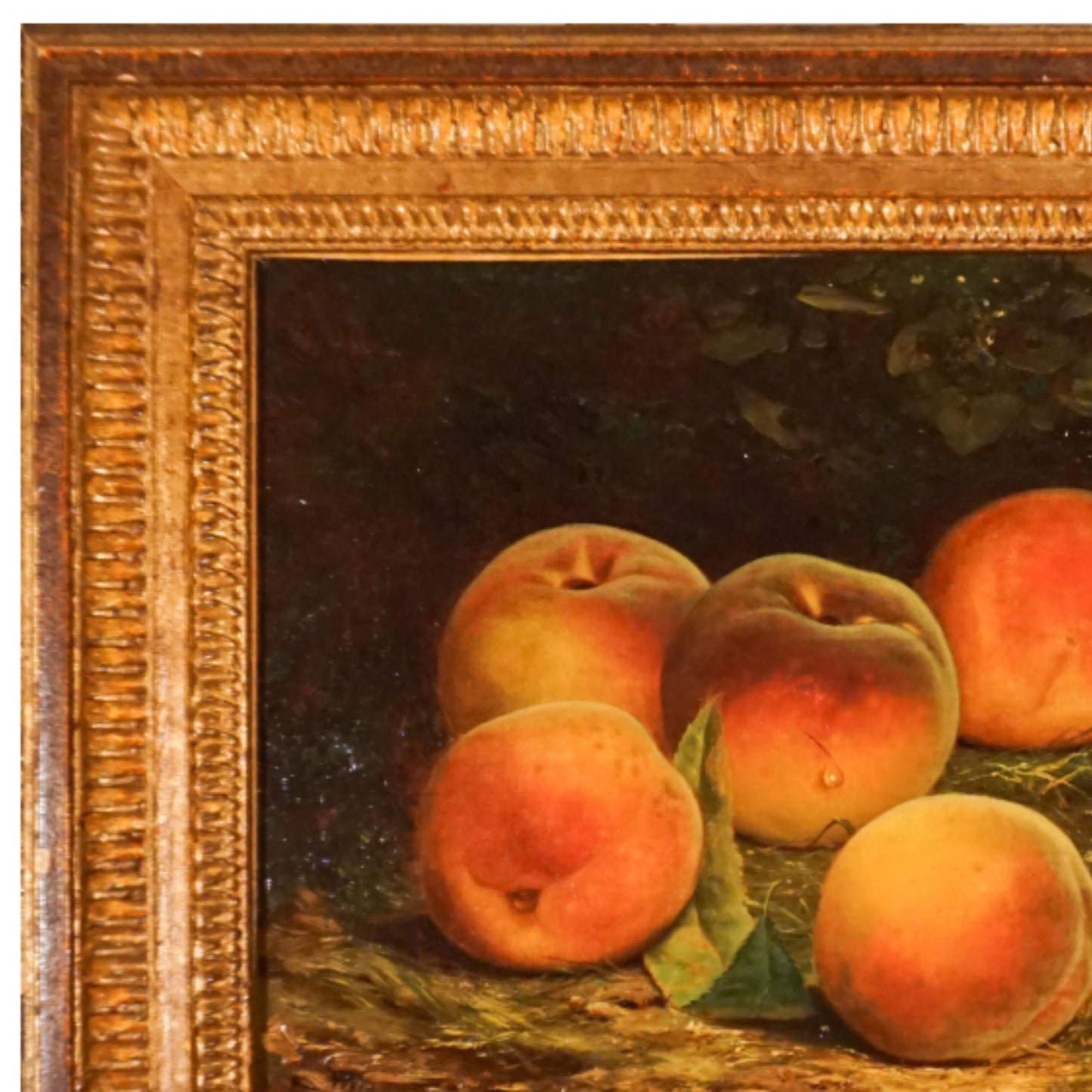 "Still Life with Peaches" by William Mason Brown - Frame Detail, Top Left