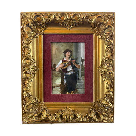 "The Mandolin Player" KPM Porcelain Plaque - Complete with Frame