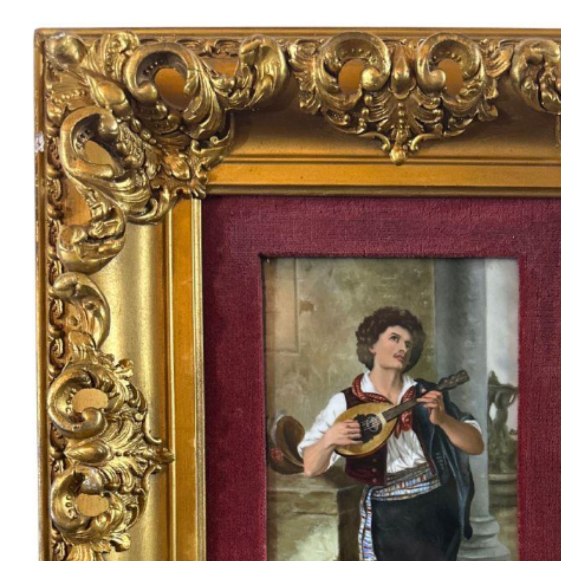 "The Mandolin Player" KPM Porcelain Plaque - Frame Detail, Top Left