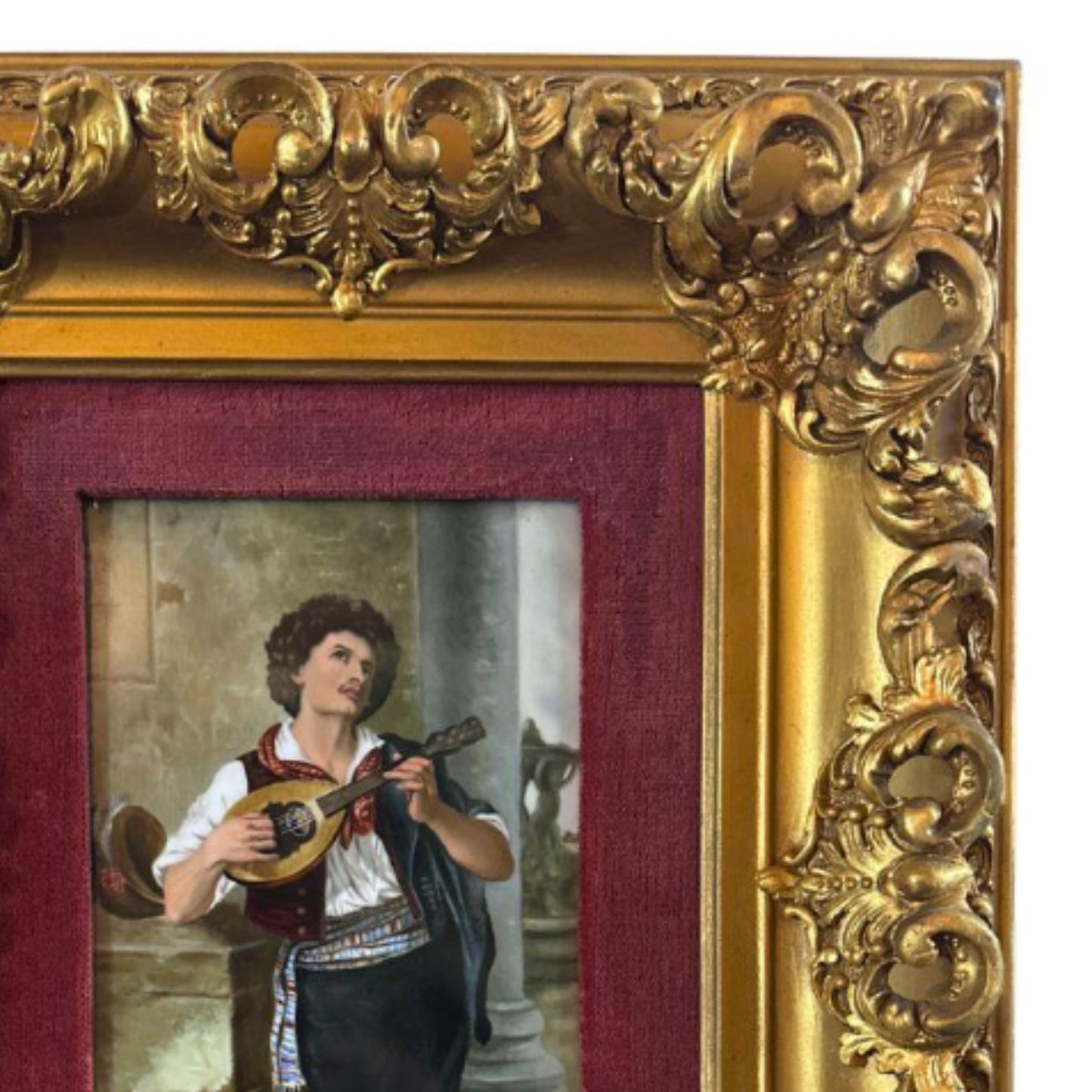 "The Mandolin Player" KPM Porcelain Plaque - Frame Detail, Top Right