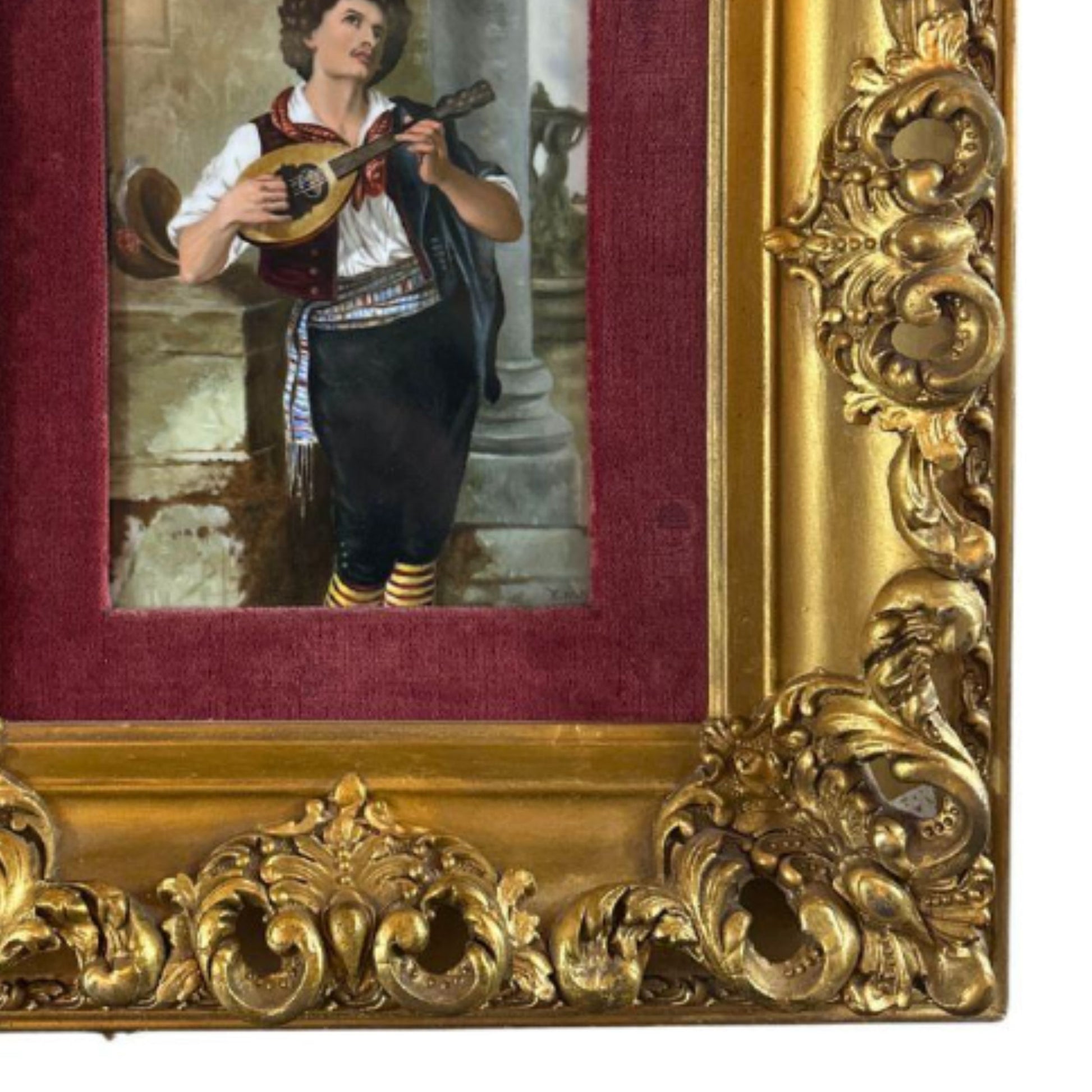 "The Mandolin Player" KPM Porcelain Plaque - Frame Detail, Bottom Right