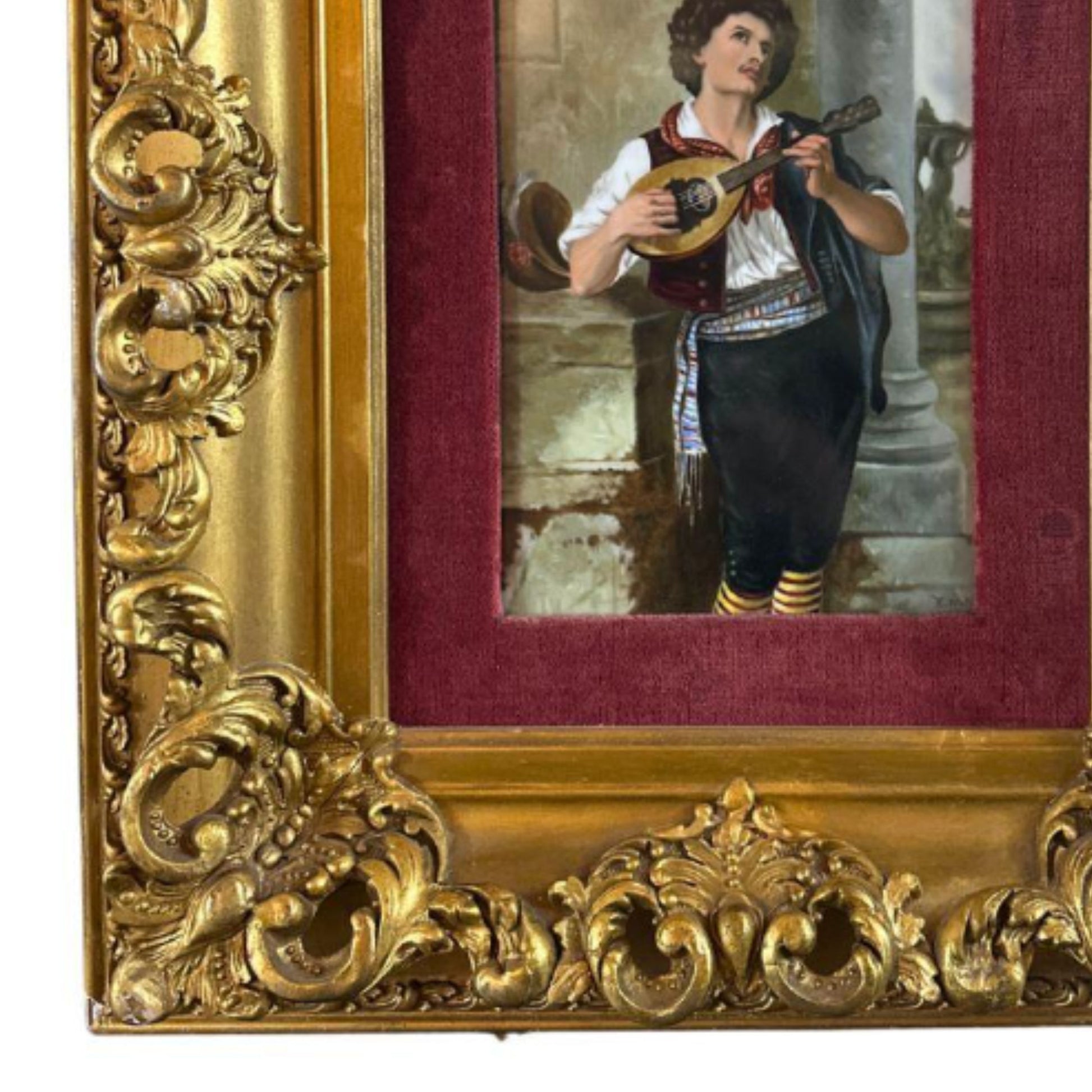 "The Mandolin Player" KPM Porcelain Plaque - Frame Detail, Bottom Left