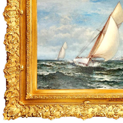 "The Winning Yacht" by Edward Moran - Frame Detail, Lower Left