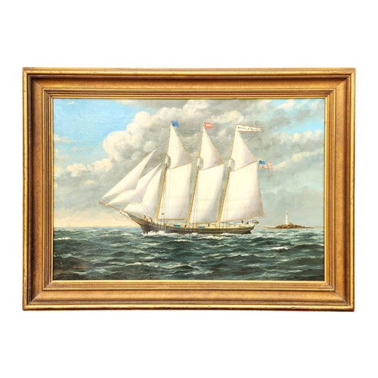 "The Three Masted Schooner Samuel H. Hawes" by William Pierce Stubbs, with antique frame
