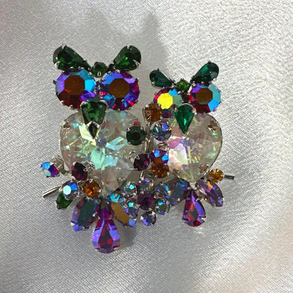 Signed Vendome Vintage Multi Color Glass Owl Brooch