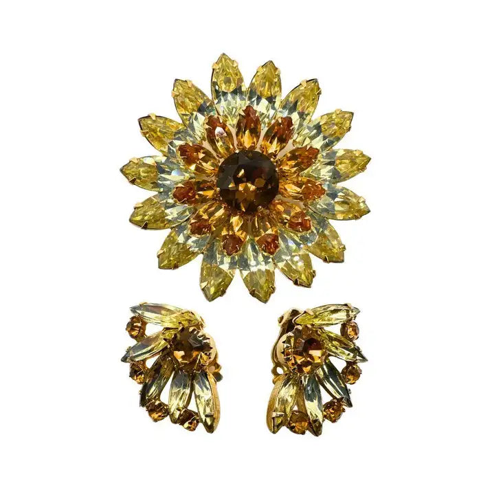 Signed Kramer Vintage Champagne Sunflower Brooch Clip-on Earring Set