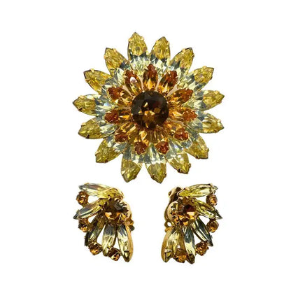Signed Kramer Vintage Champagne Sunflower Brooch Clip-on Earring Set