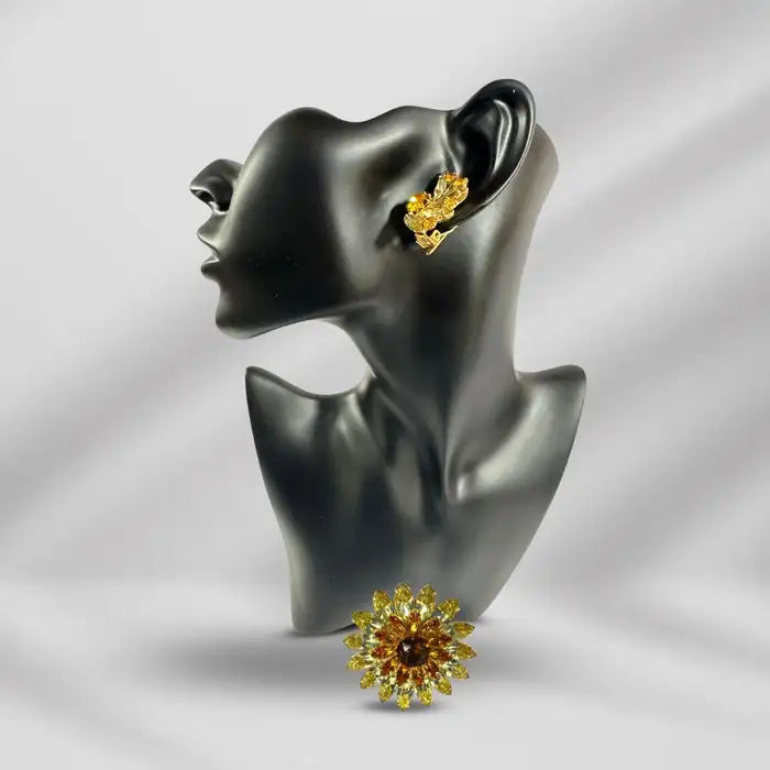 Signed Kramer Vintage Champagne Sunflower Brooch Clip-on Earring Set