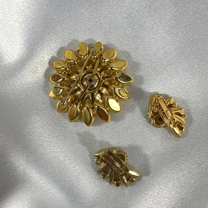 Signed Kramer Vintage Champagne Sunflower Brooch Clip-on Earring Set