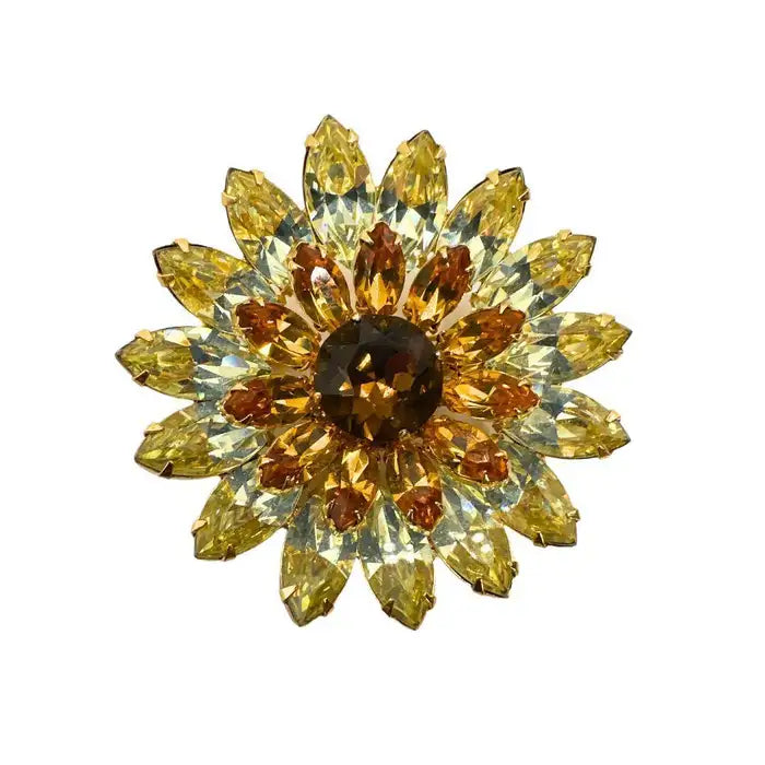 Signed Kramer Vintage Champagne Sunflower Brooch Clip-on Earring Set