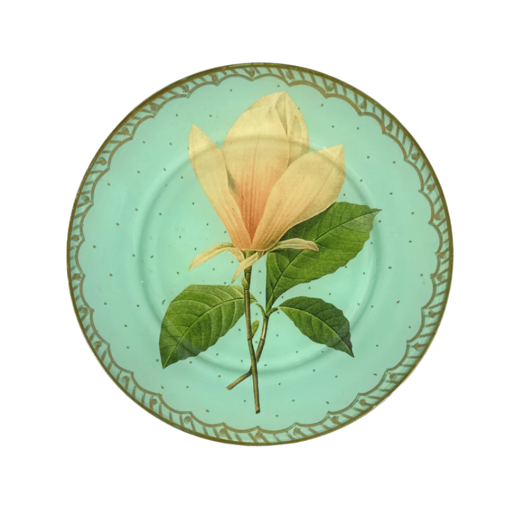 Vintage Decorative Reverse Painted Gold Train Plate With Flower - Front View