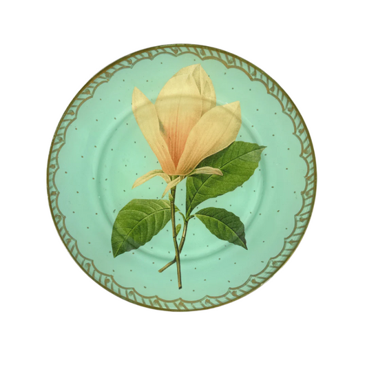 Vintage Decorative Reverse Painted Gold Train Plate With Flower - Front View