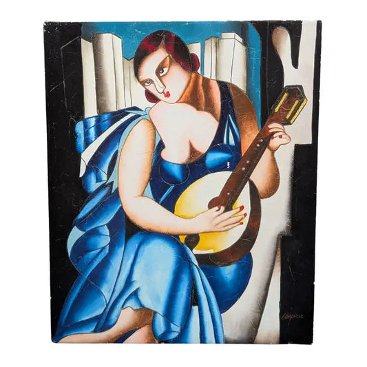Oil on Canvas After Tamara's De Lempicka's Blue Woman with Guitar