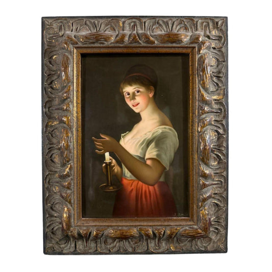 "Woman with Candle" - KPM Porcelain Plaque - Full Painting with Frame