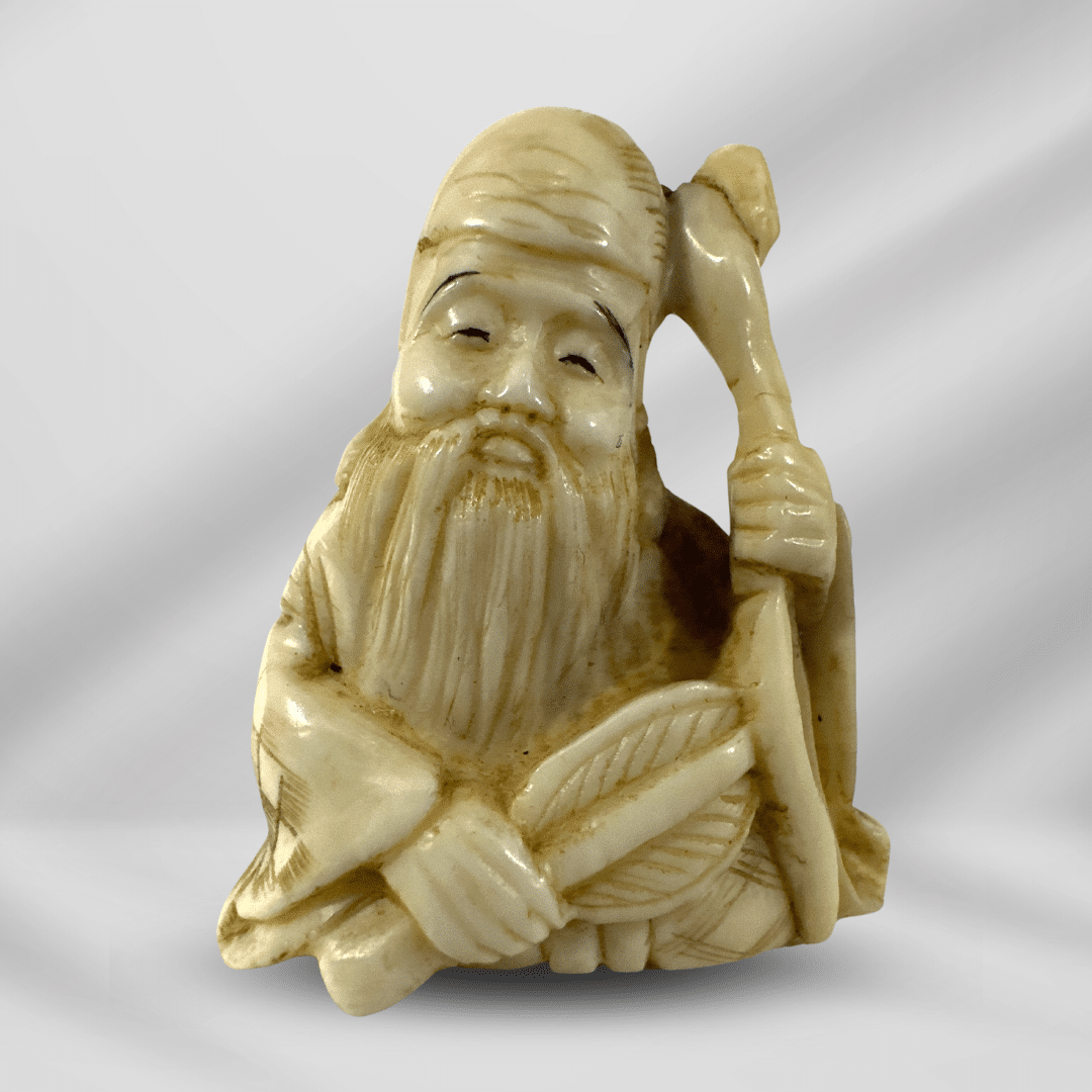 Antique Handcraft Detailed Craved Netsuke Ivory Seating Old Chinese Man image 0