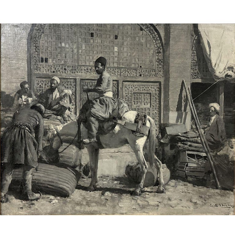 "Caravansary at Shiraz" Antique orientalist Black & White Oil Painting on Board image 1