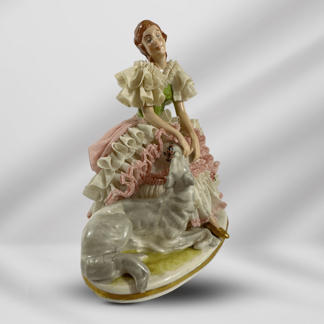 Vintage German Dresden Hand Painted Porcelain Statue Of Woman & Dog image 1