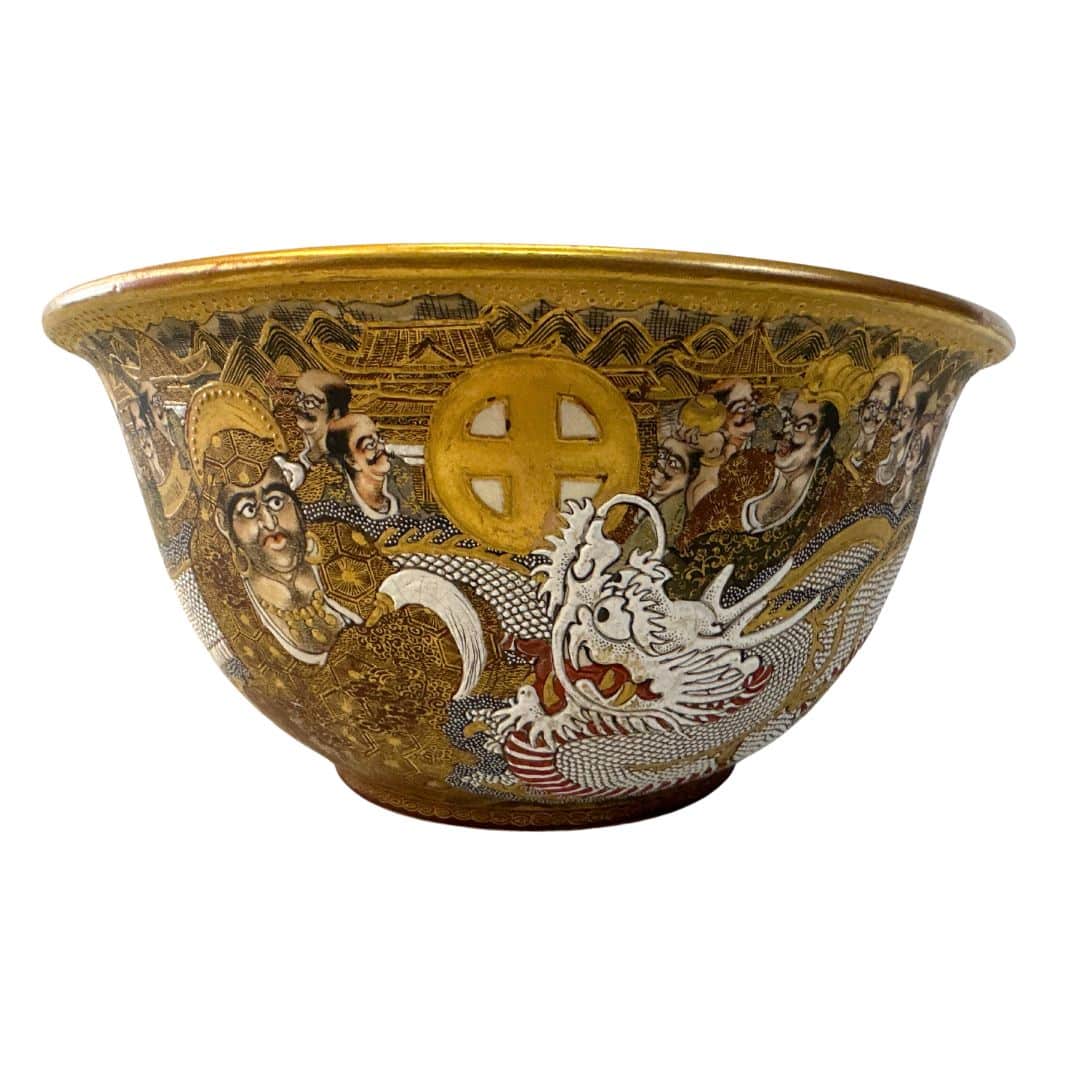 Japanese Antique Gold Fire Gold Embossed Figurine Satsuma Porcelain  Bowl image 0