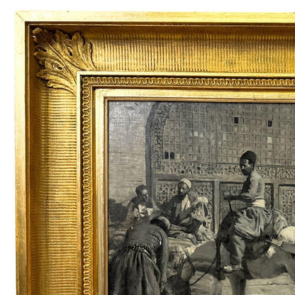 "Caravansary at Shiraz" Antique orientalist Black & White Oil Painting on Board image 2