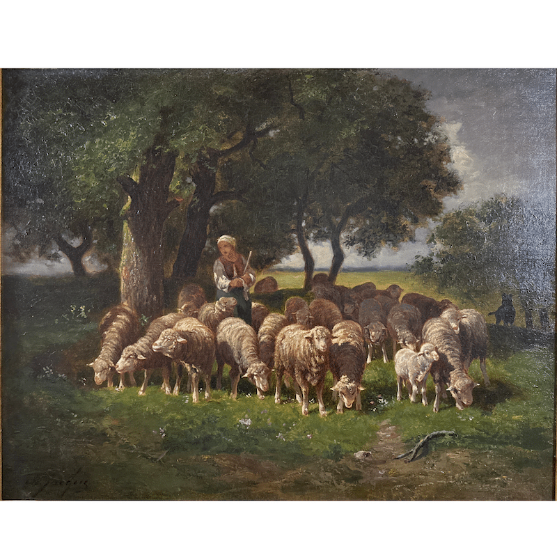 " Shepherdess And Her Flock "  Oil On Canvas, Original Frame By Charles Émile Jacque (1813-1894) image 2