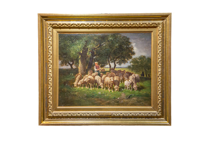 " Shepherdess And Her Flock "  Oil On Canvas, Original Frame By Charles Émile Jacque (1813-1894) image 0