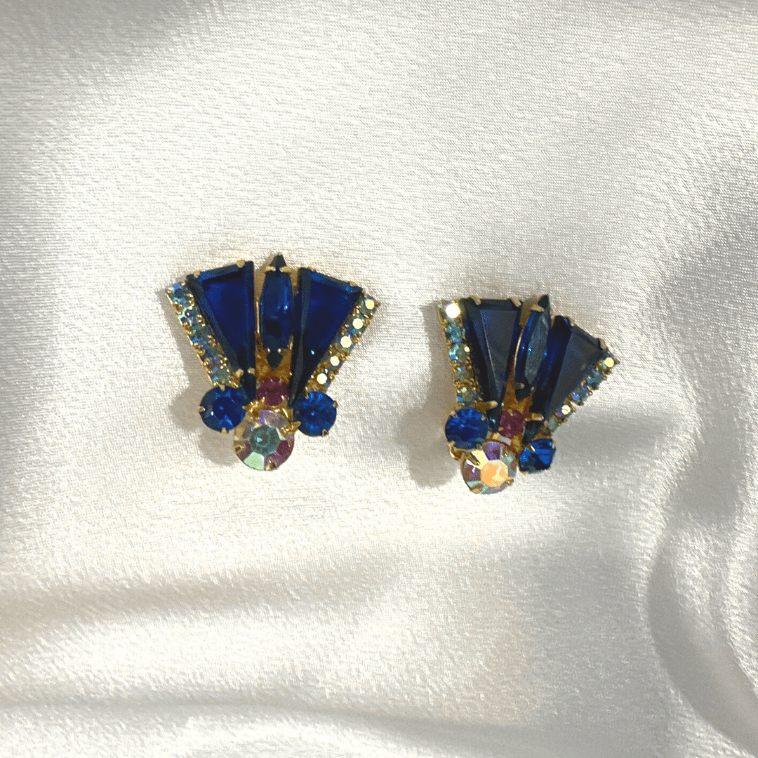 Vintage Julianna Earrings Blue Cut Glass and Rhinestone Earrings image 3