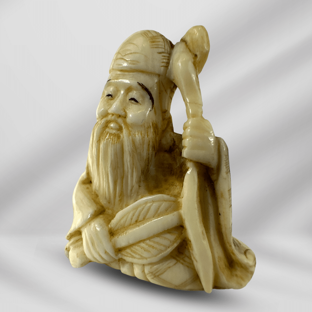 Antique Handcraft Detailed Craved Netsuke Ivory Seating Old Chinese Man image 1