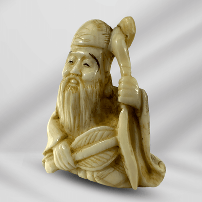 Antique Handcraft Detailed Craved Netsuke Ivory Seating Old Chinese Man image 1