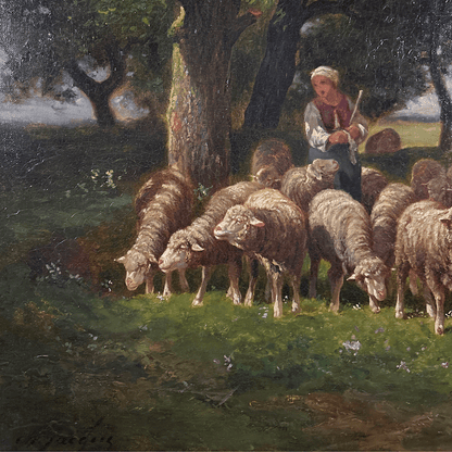 " Shepherdess And Her Flock "  Oil On Canvas, Original Frame By Charles Émile Jacque (1813-1894) image 3