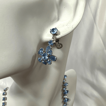 Vintage Light Blue Rhinestone Beautiful Necklace Earrings Vintage Fashion jewelry Set image 1