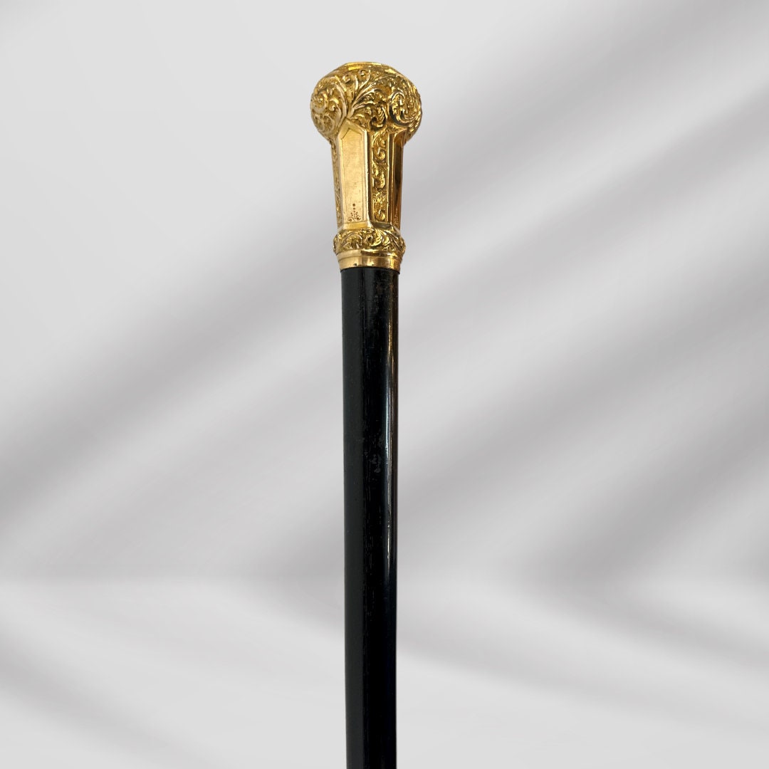 Elegant Antique Carved Gold Plate Knob Handle Unique Hallifax Walking Stick Cane For Men