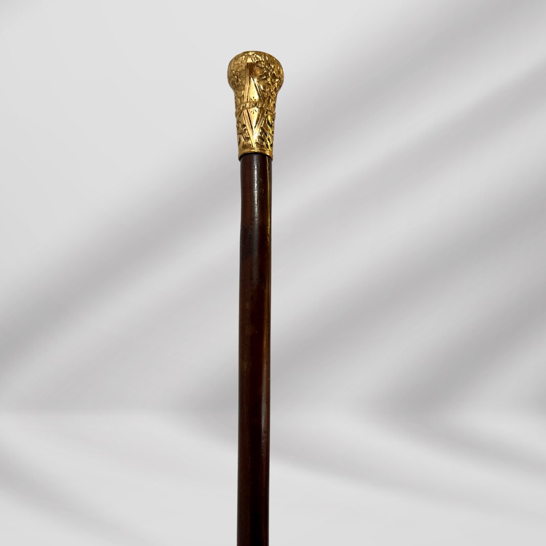 Elegant Antique Carved Gold Plate Knob Handle Unique Walking Stick Cane Brown