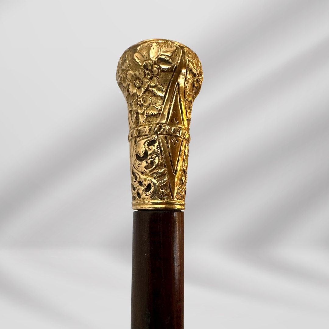Elegant Antique Carved Gold Plate Knob Handle Unique Walking Stick Cane Brown