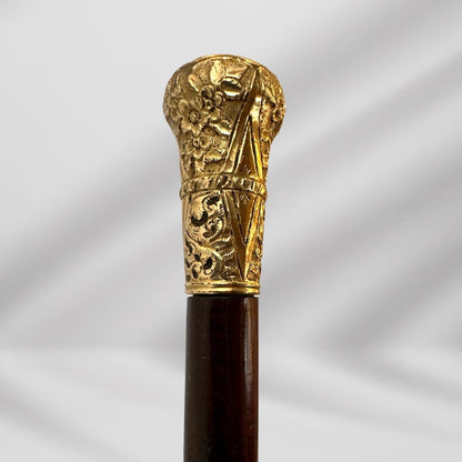 Elegant Antique Carved Gold Plate Knob Handle Unique Walking Stick Cane Brown