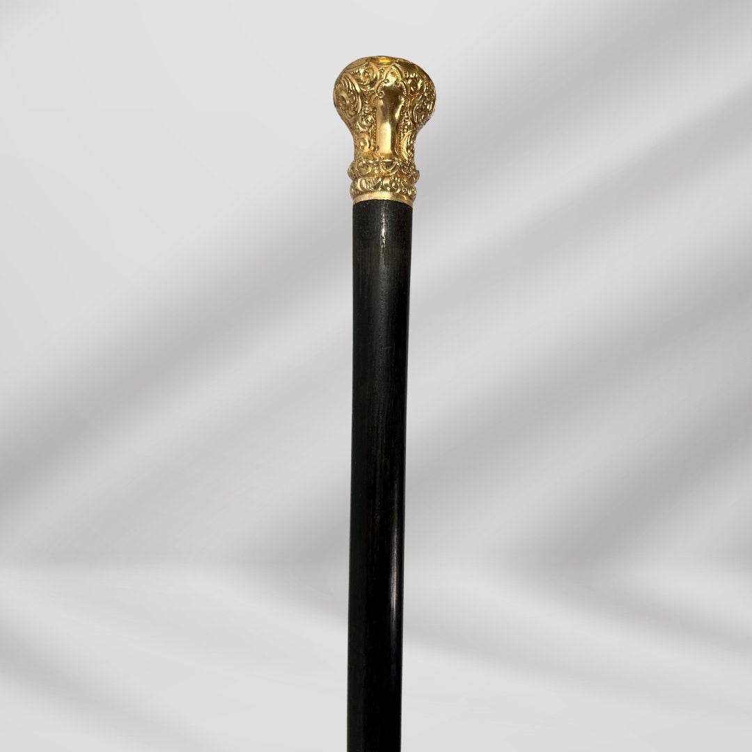 Carved Gold Plate Knob Handle Unique Elegant Antique Walking Stick Cane Black