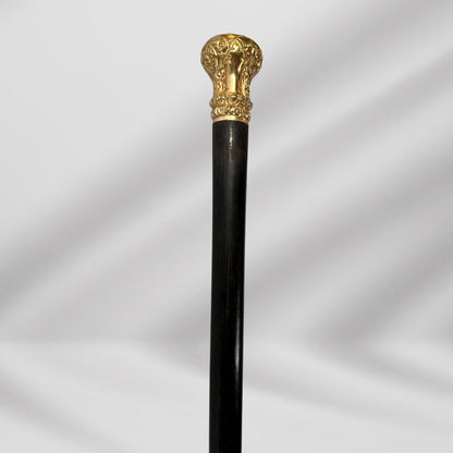 Carved Gold Plate Knob Handle Unique Elegant Antique Walking Stick Cane Black