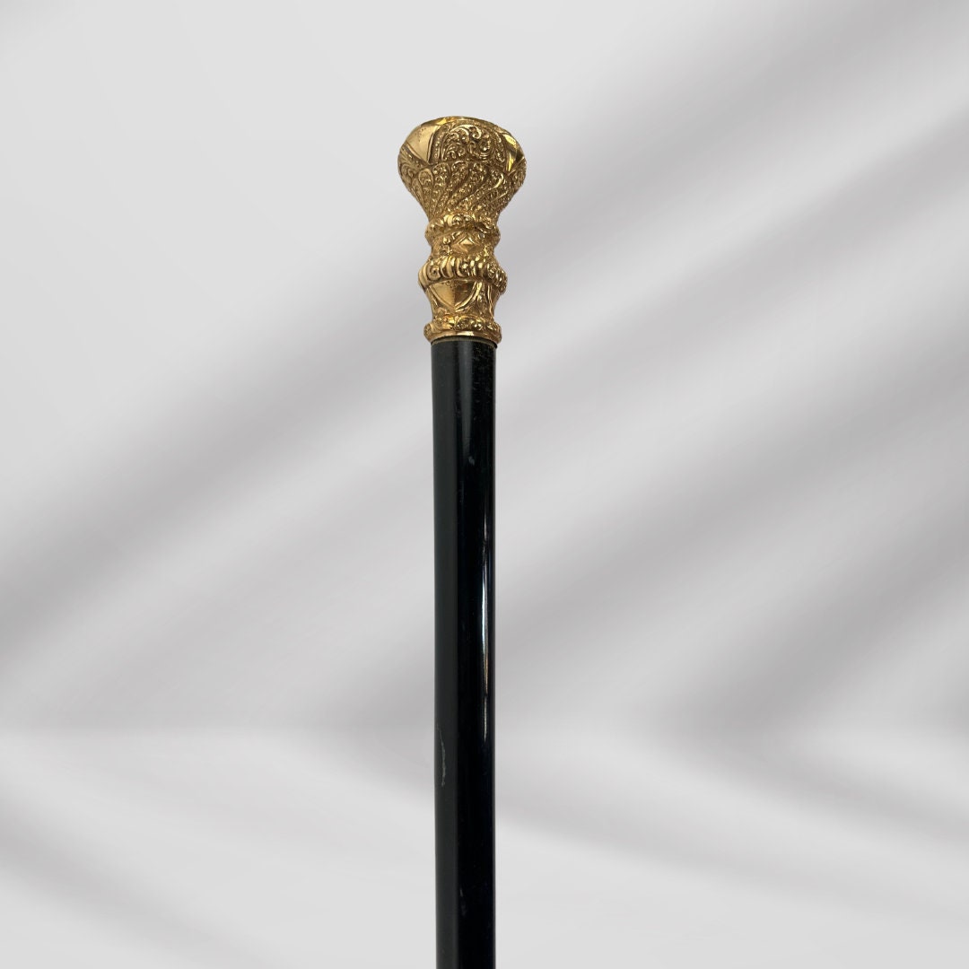 Antique 1896 Walking Stick. Elegant Black Cane with Carved Gold-Plated Knob Handle, Signed.