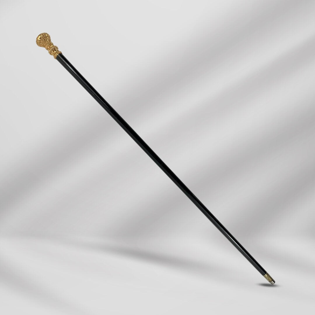 Antique 1896 Walking Stick. Elegant Black Cane with Carved Gold-Plated Knob Handle, Signed.