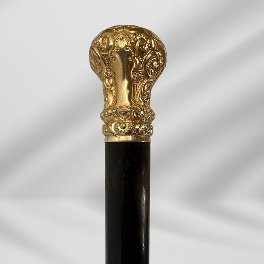 Carved Gold Plate Knob Handle Unique Elegant Antique Walking Stick Cane Black