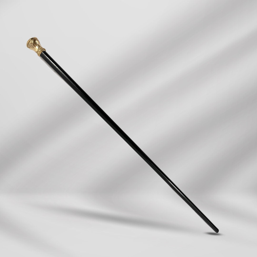 Antique Walking Stick. Elegant Black Cane with Gold-Plated Knob Handle, Signed Skinner Halifax.