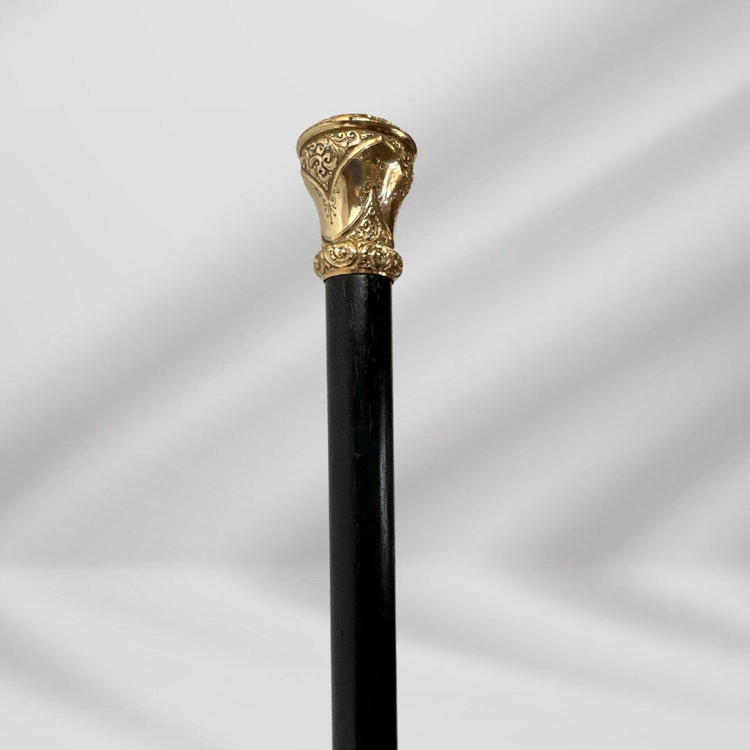 Antique Walking Stick. Elegant Black Cane with Gold-Plated Knob Handle, Signed Skinner Halifax.