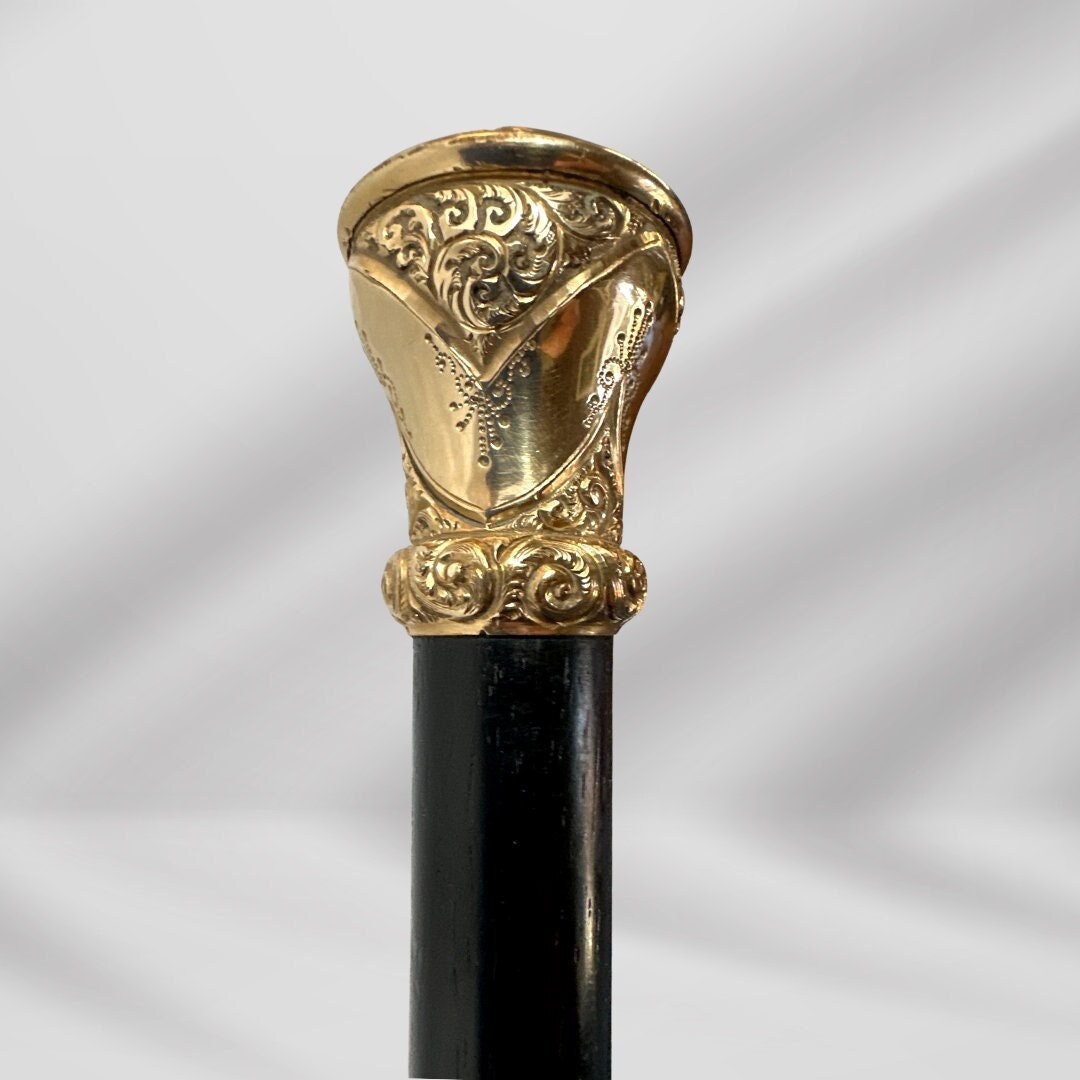 Antique Walking Stick. Elegant Black Cane with Gold-Plated Knob Handle, Signed Skinner Halifax.