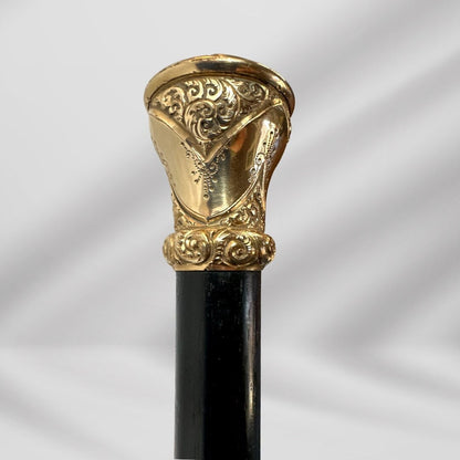 Antique Walking Stick. Elegant Black Cane with Gold-Plated Knob Handle, Signed Skinner Halifax.