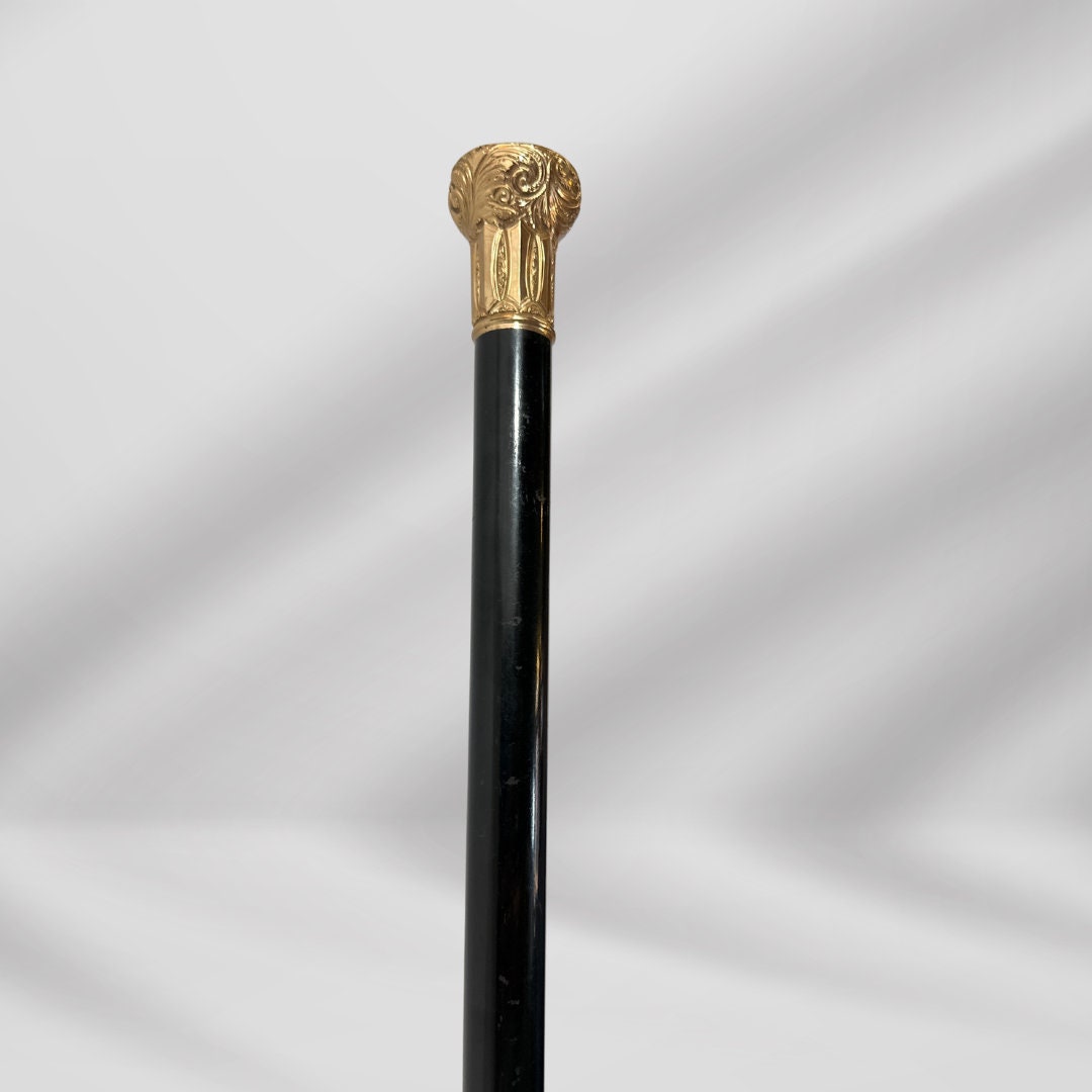 Elegant Antique Carved Gold Plate Knob Handle Best Hallifax Walking Stick Cane Black Signed